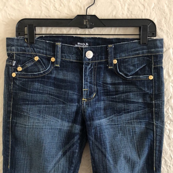 Rock & Republic Y2k 2000s Dark Wash Neon Yellow Low Rise Cropped Jeans Capris 28 - Picture 3 of 10